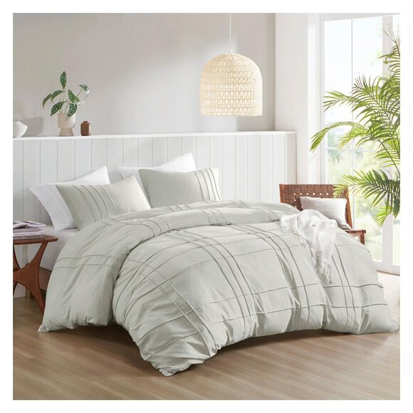 NEW 510 Design Soft Wash Pleated Duvet 3-Piece Cover Set Silver Gray Queen - Picture 2 of 5